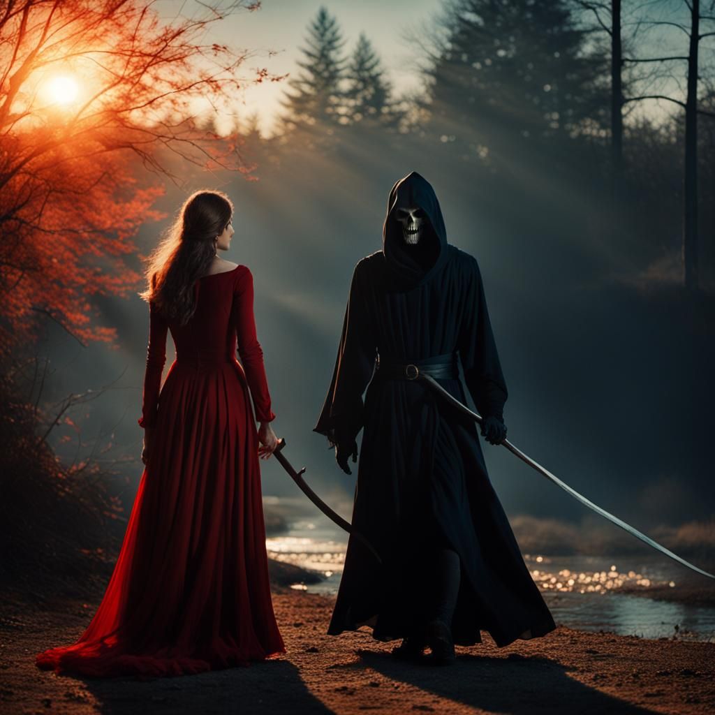 Grim Reaper and Woman in Red Dress, Dramatic Lighting
