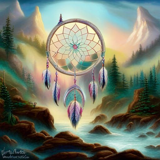 Ethereal Dreamcatcher in a Misty Fantasy Landscape