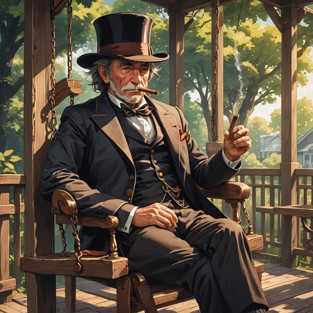 Elderly Man in Tophat on Porch Swing, Cel-Shaded Anime
