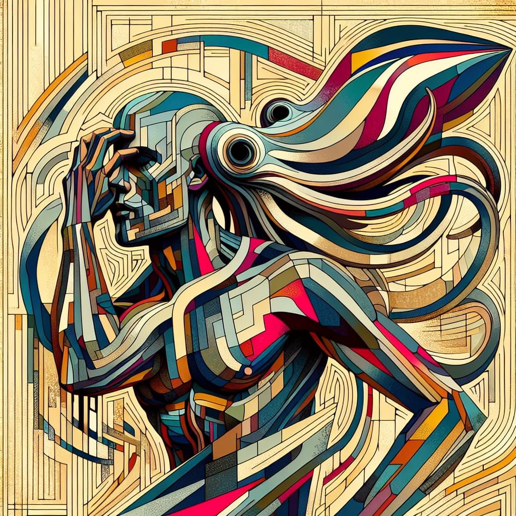 Squid Attack in Neo-Cubist Oil Painting Style