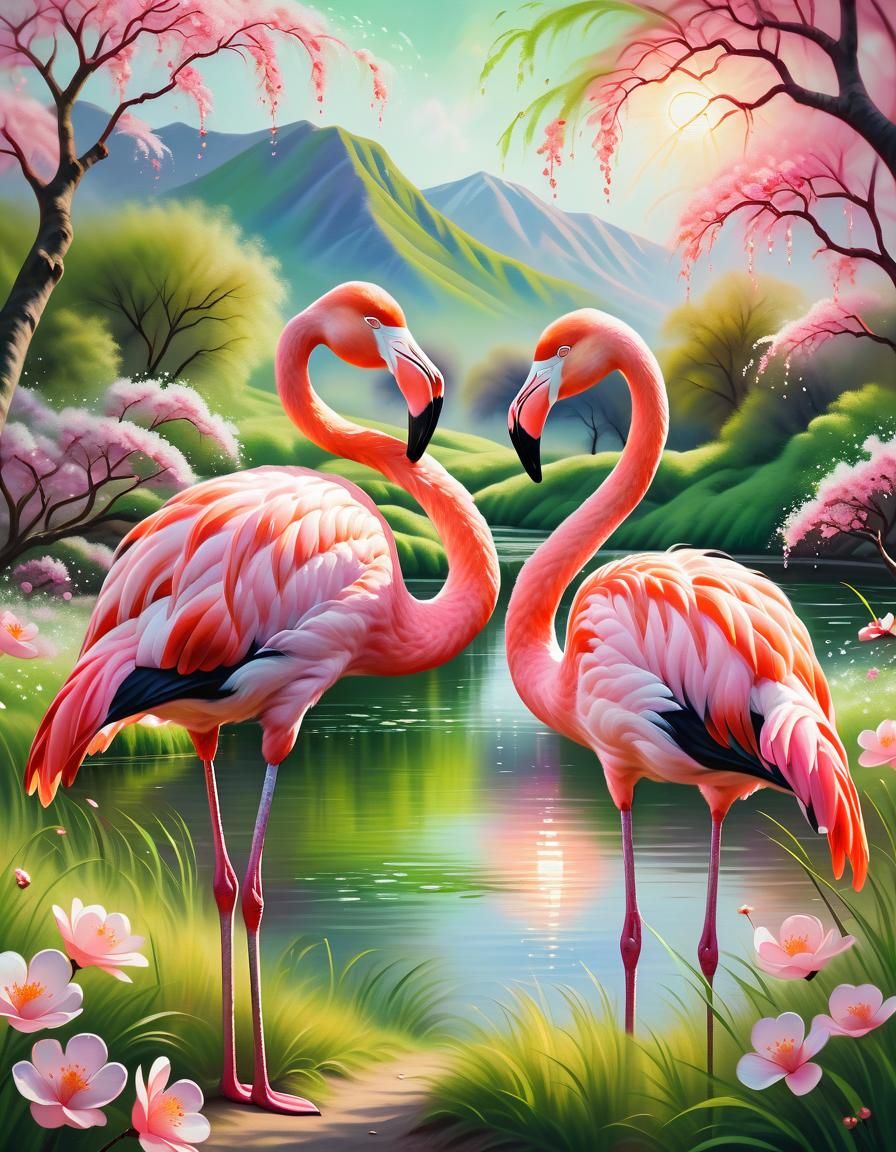 Flamingos in Love: A Pastel Oil Painting