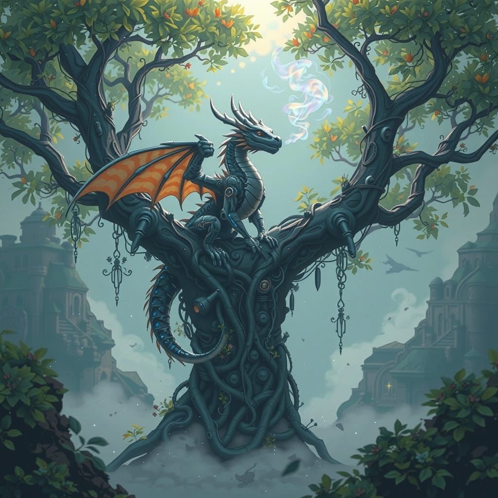 Robotic Dragon on Cybernetic Tree, Art Nouveau Digital Art