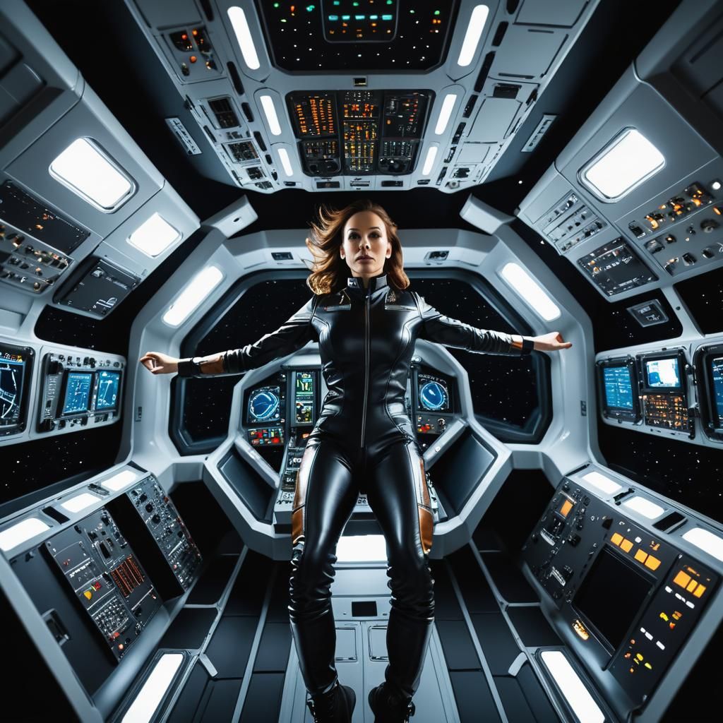 Floating Female Pilot in Spaceship Cockpit