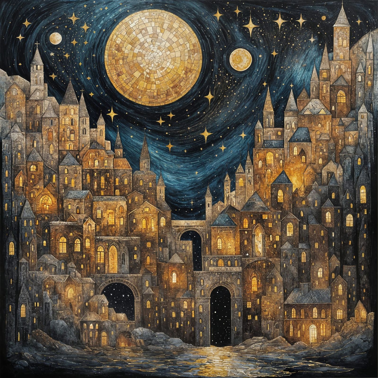 A Long Lost Forgotten Magical City - Golden windows glow , Patchwork moon over lost spires,  Time reclaims the light