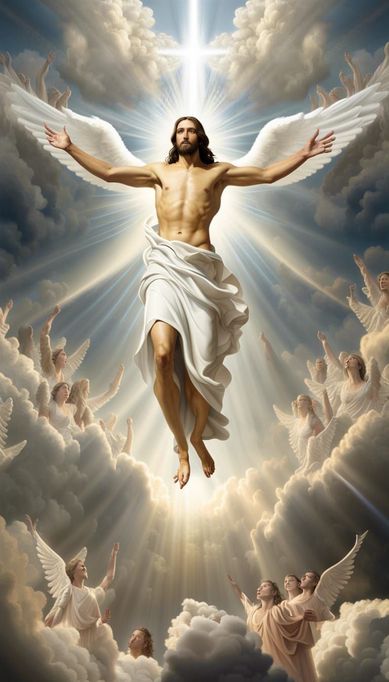 Jesus christ splitting the sky with millions of.angels behin...