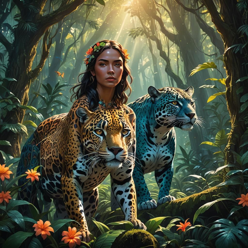 Mystical Forest Encounter: Girl and Jaguar in Digital Art