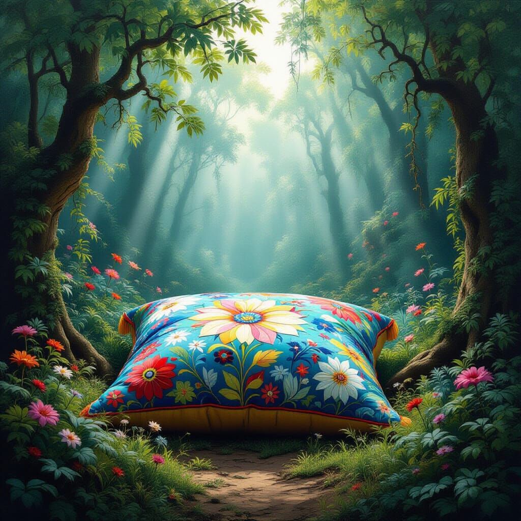 Giant Embroidered Pillow in Mystical Forest