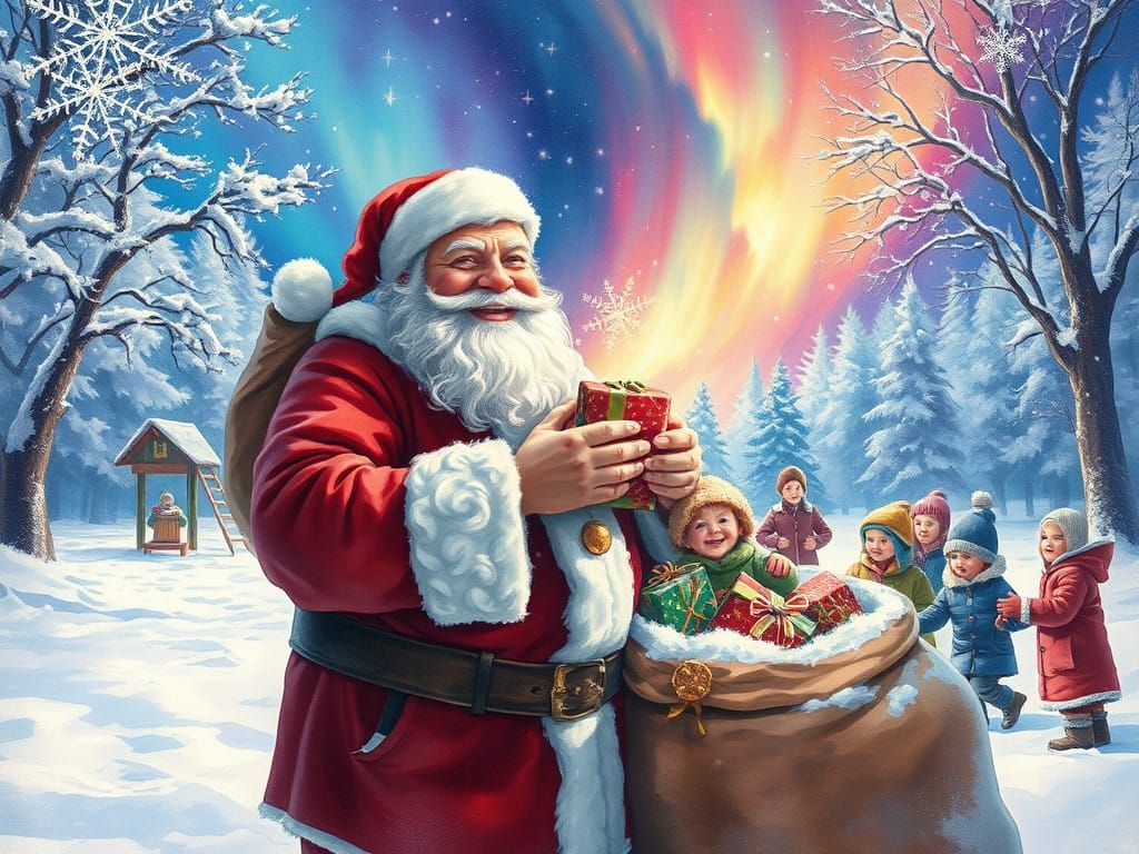 Jolly Santa Claus Surrounded by Joyful Children in a Vibrant...