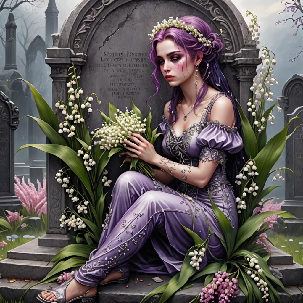 Sad Punk Woman Crying at Grave