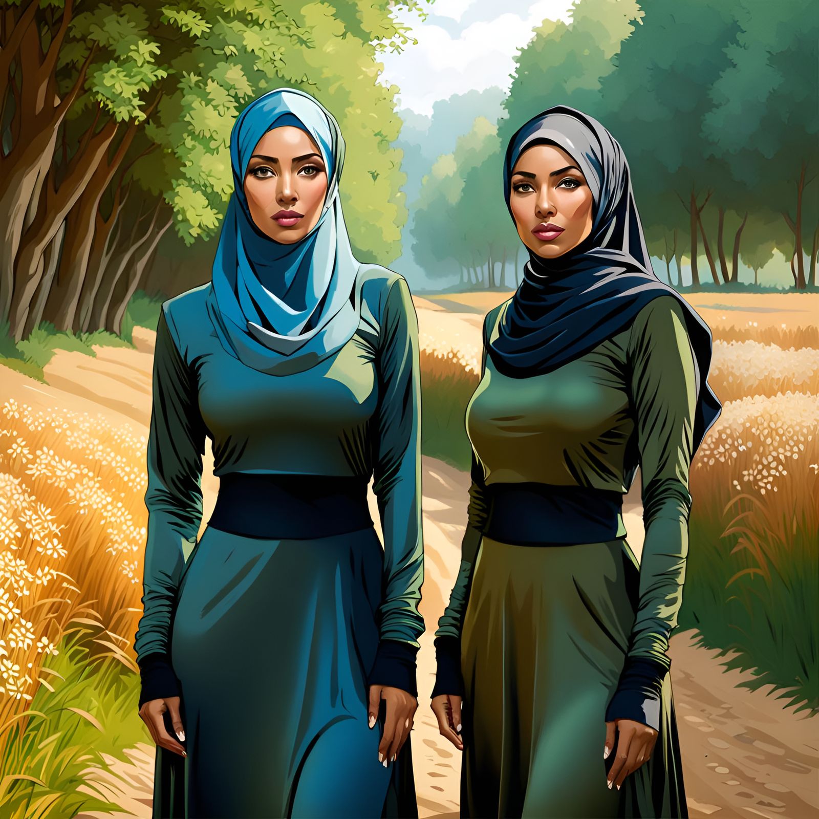 Hijabi Women Hiking: Detailed Portrait in Hyperrealistic Sty...