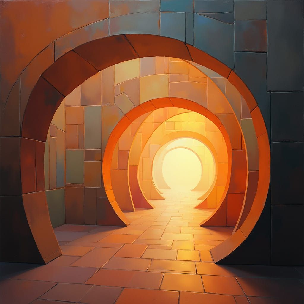 Abstract Cubist Spiral Tunnel in Ethereal Glow