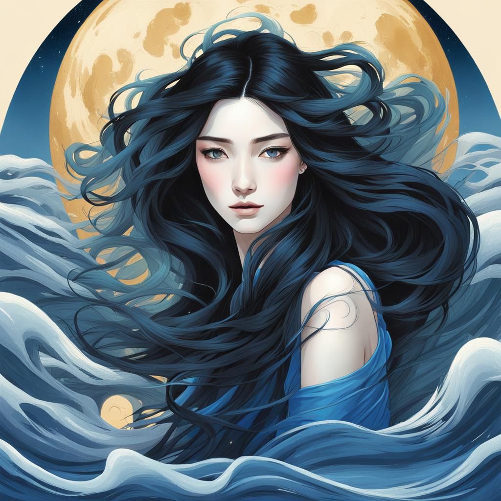 Beautiful Woman with Black Hair in Matte Painting Style