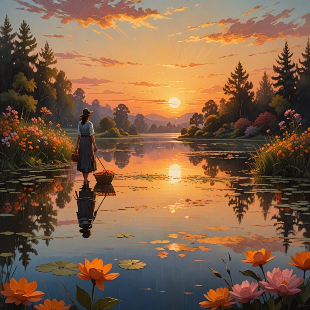 Woman with Flower Basket at Sunset Reflection