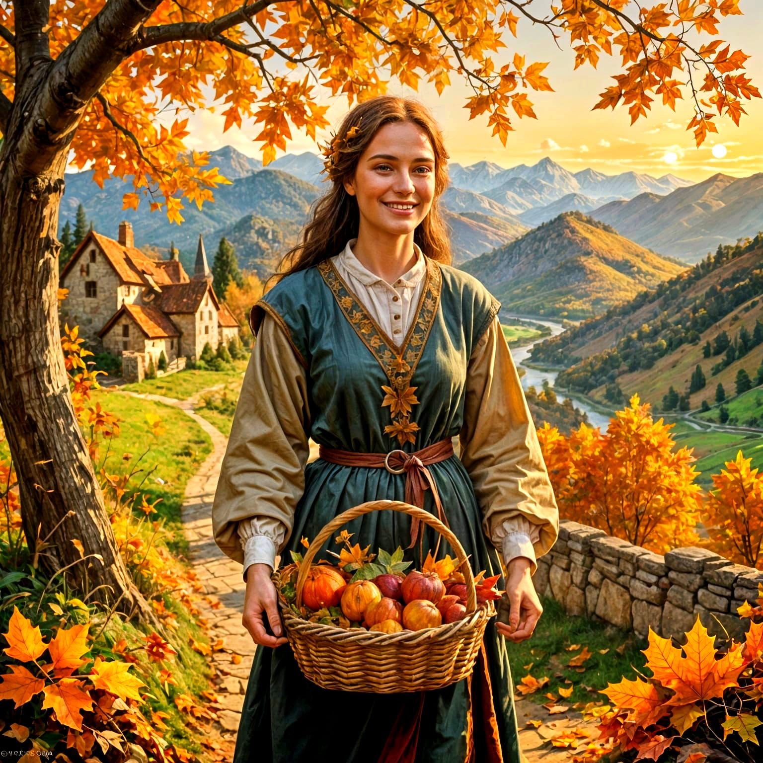 Medieval Woman Gathers Autumn Leaves in Mountain Clearing