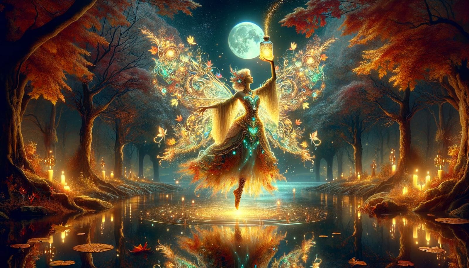 Bioluminescent Autumn Fairy Dances in Moonlight