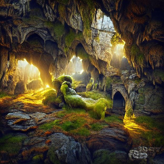 Sunlit Mossy Cave with Volumetric Lighting