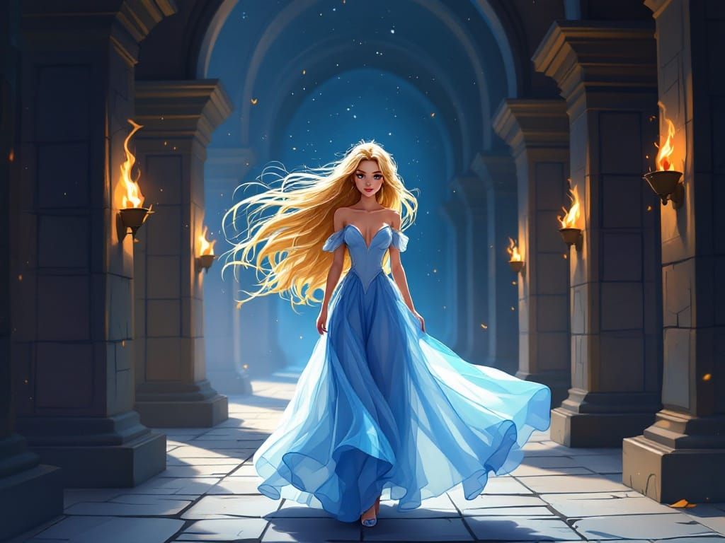 Beautiful Anime Princess Walks in Castle Corridor with Deter...