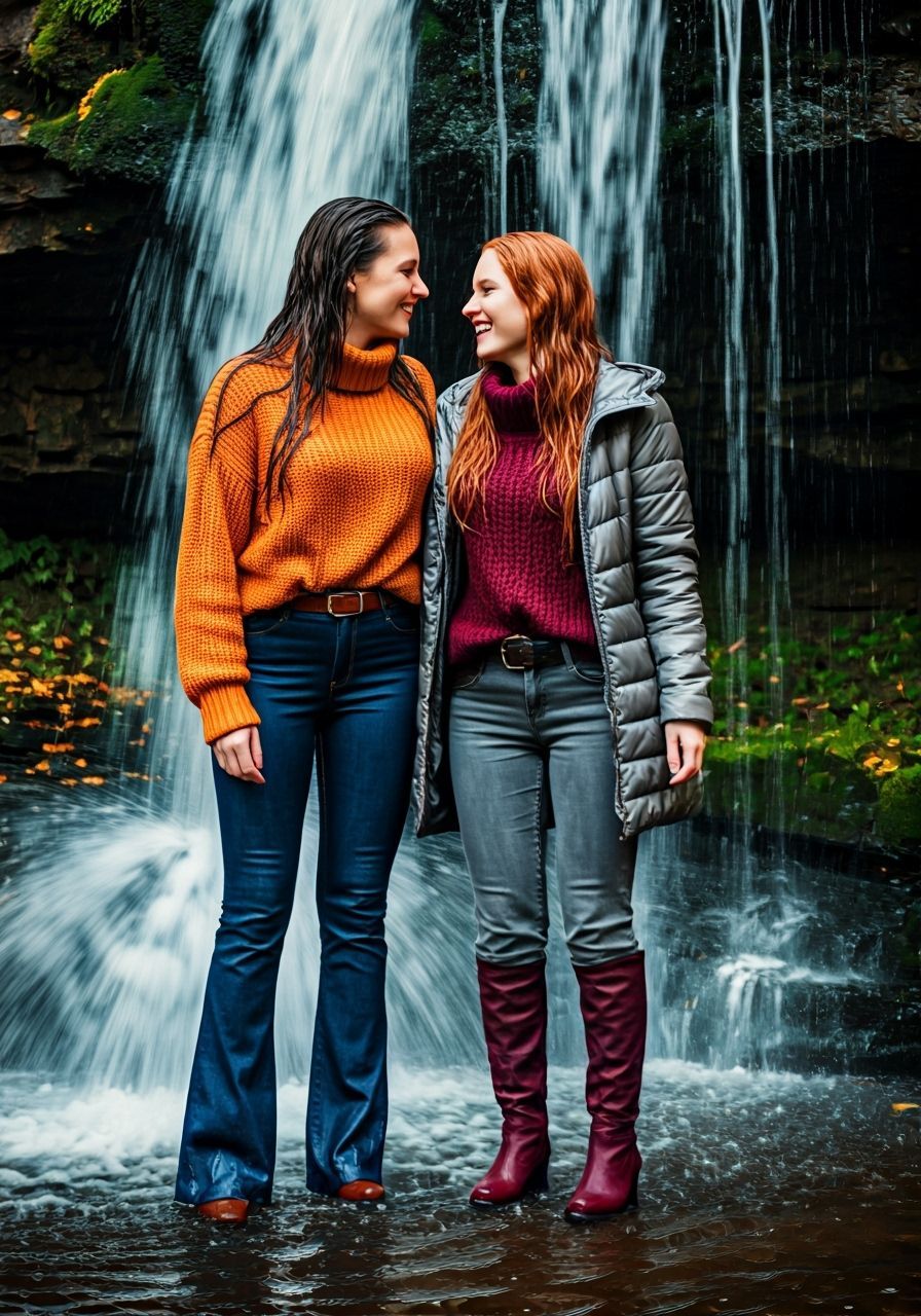 Friends Enjoying a Waterfall Dip in Autumn Woods
