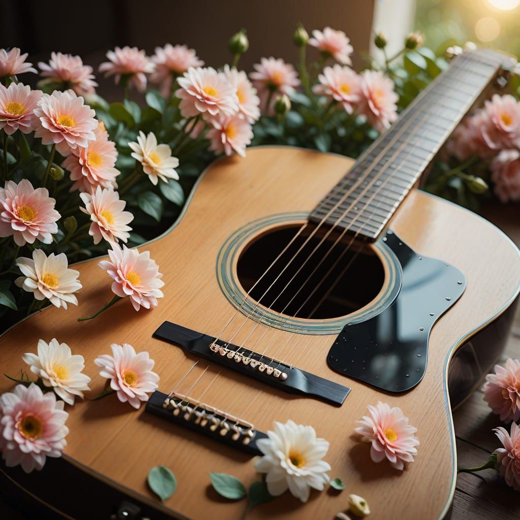 Hyper-Realistic Guitar in a Floral Still Life