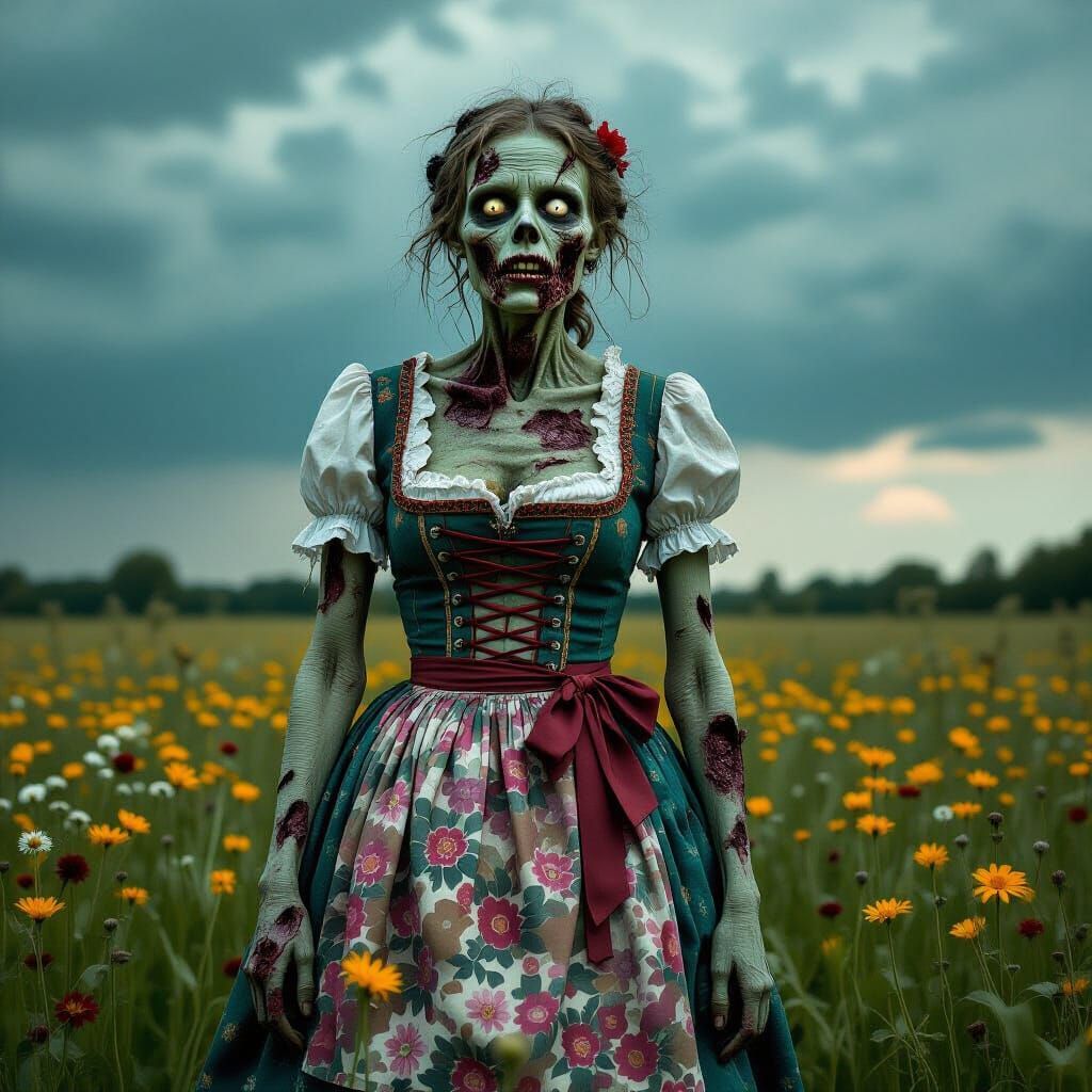 Decaying Zombie Woman in Tattered Dirndl in Stormy Field