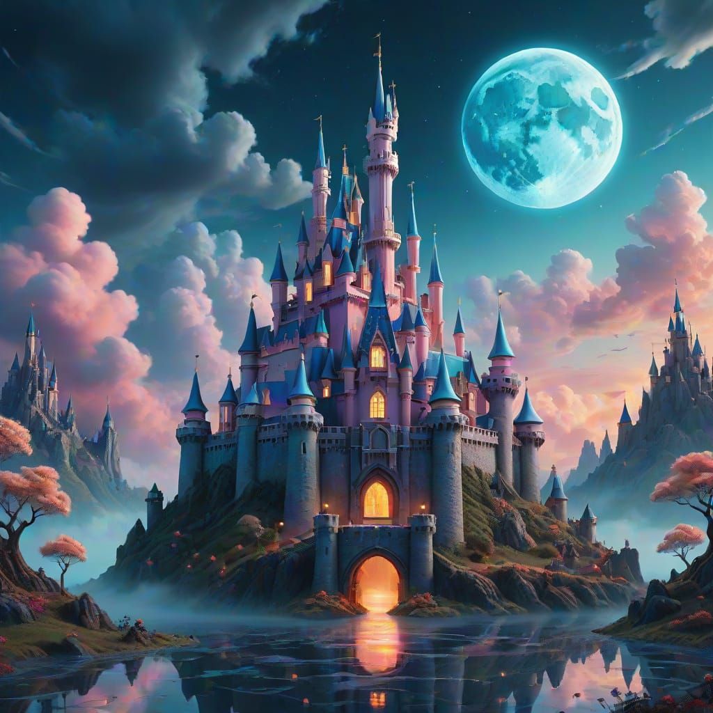 Surreal Disney Castle in Dreamlike Landscape