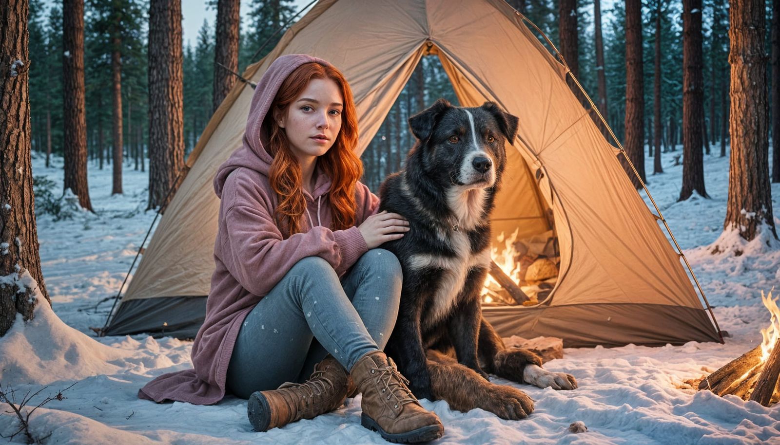 Cosmic Winter Wonderland with Majestic Dog and Campfire
