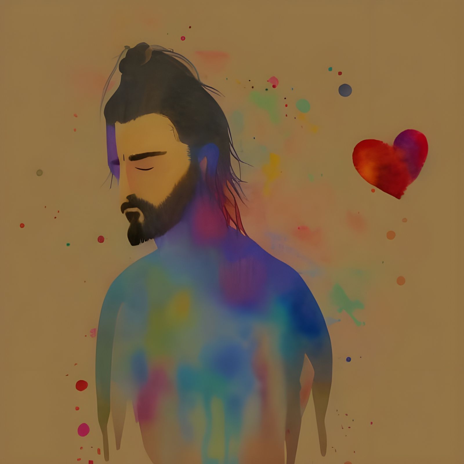 Abstract Watercolor: Dejected Man with Misty Hearts