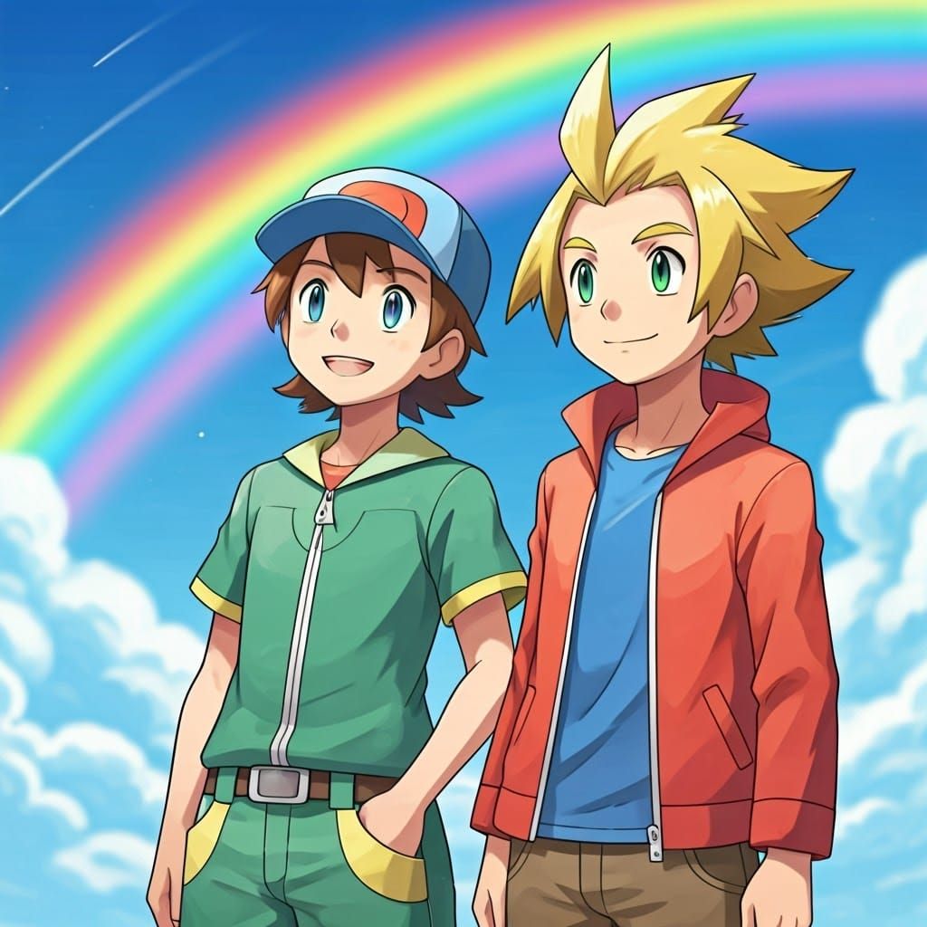Two Young Pokémon Trainers Gaze in Awe at a Vibrant Rainbow