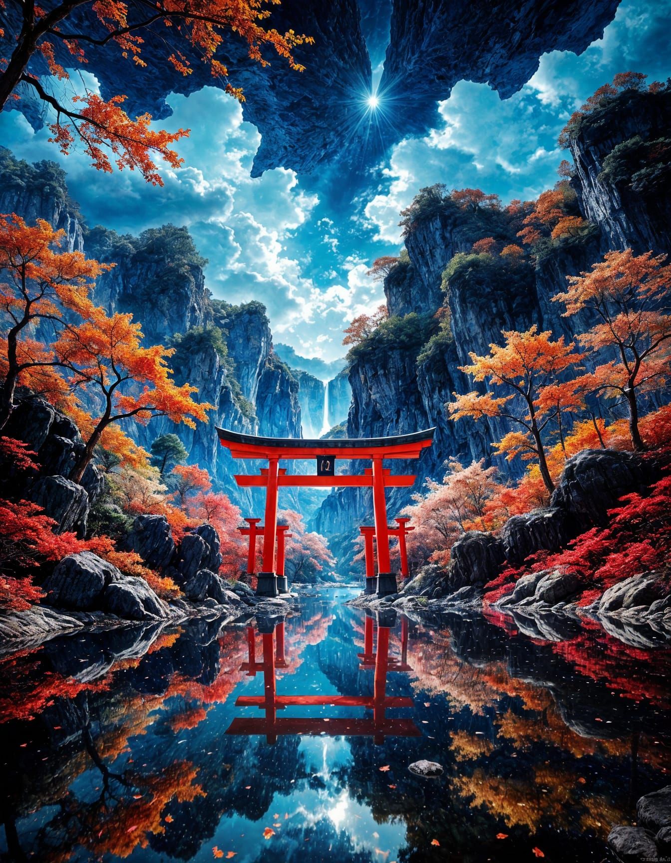 Anime Landscape: Red Torii Gate in Autumn Water