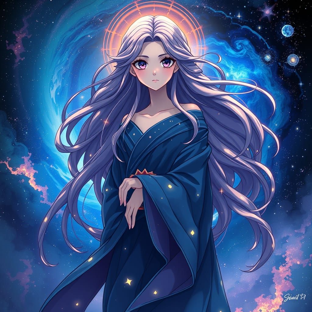 Cosmic Goddess in Anime Style with Stardust Hair