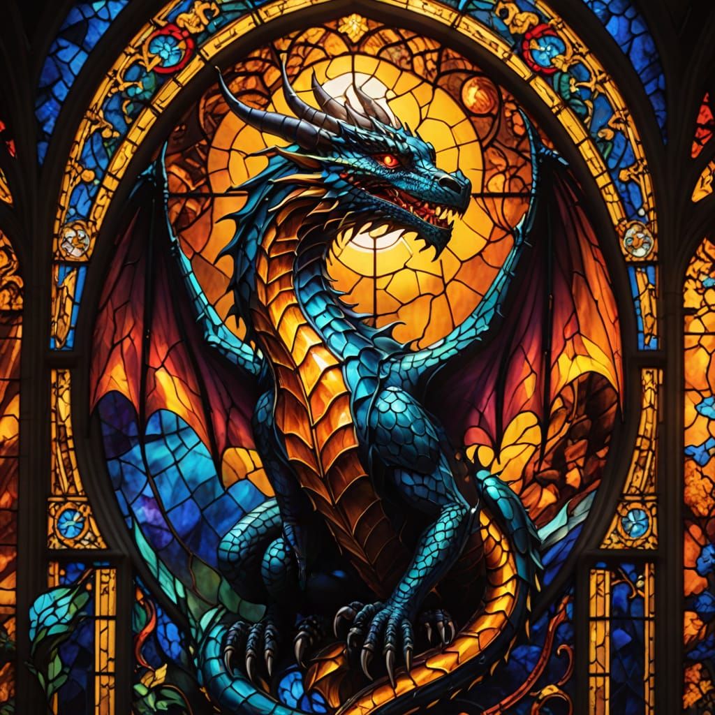 Stained Glass Dragon in Gothic Cathedral Window