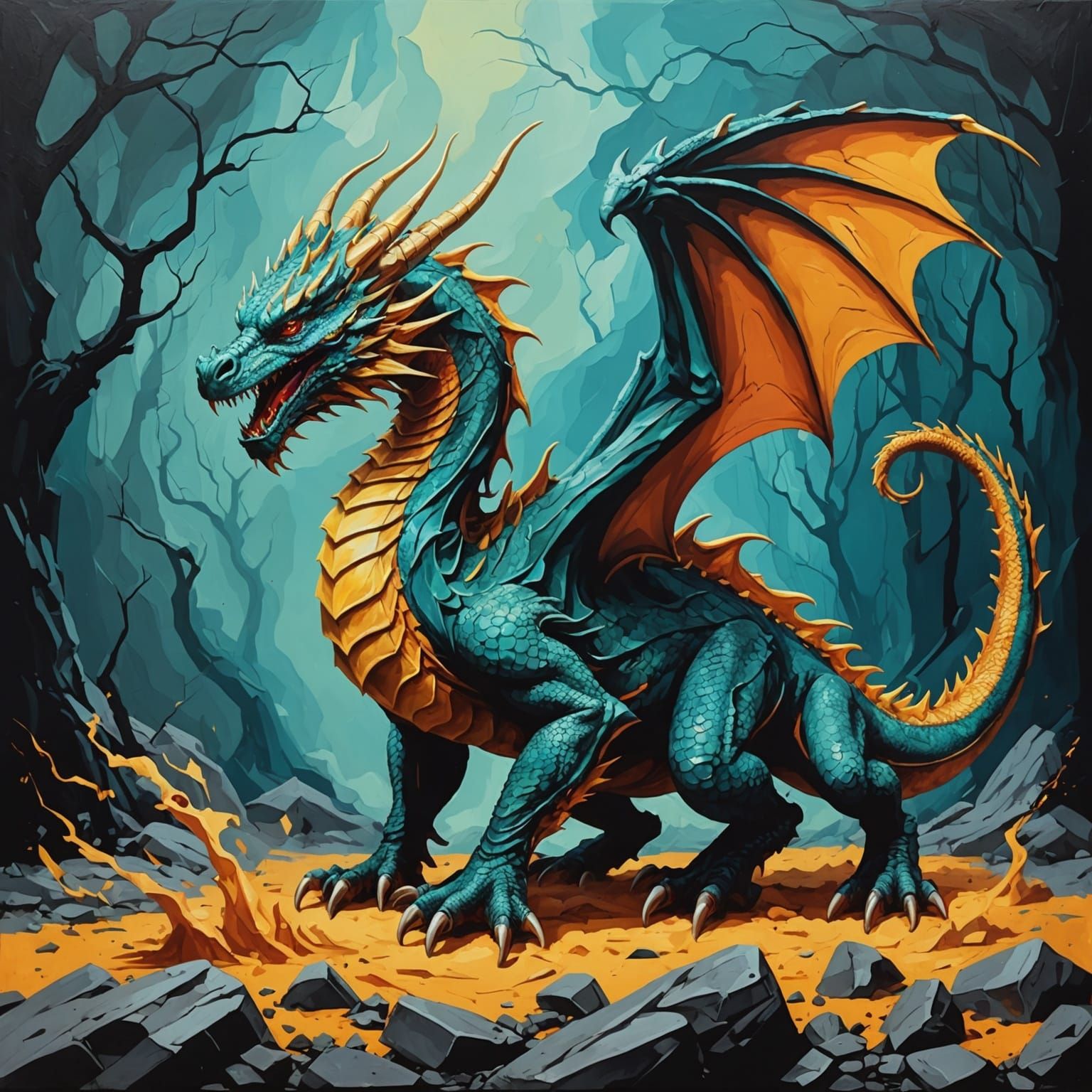 Abstract Dragon Taking Flight in Complementary Colors