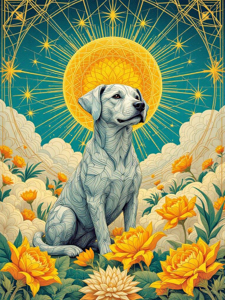 Celestial Dog in Sunlit Geometric Art Deco Style