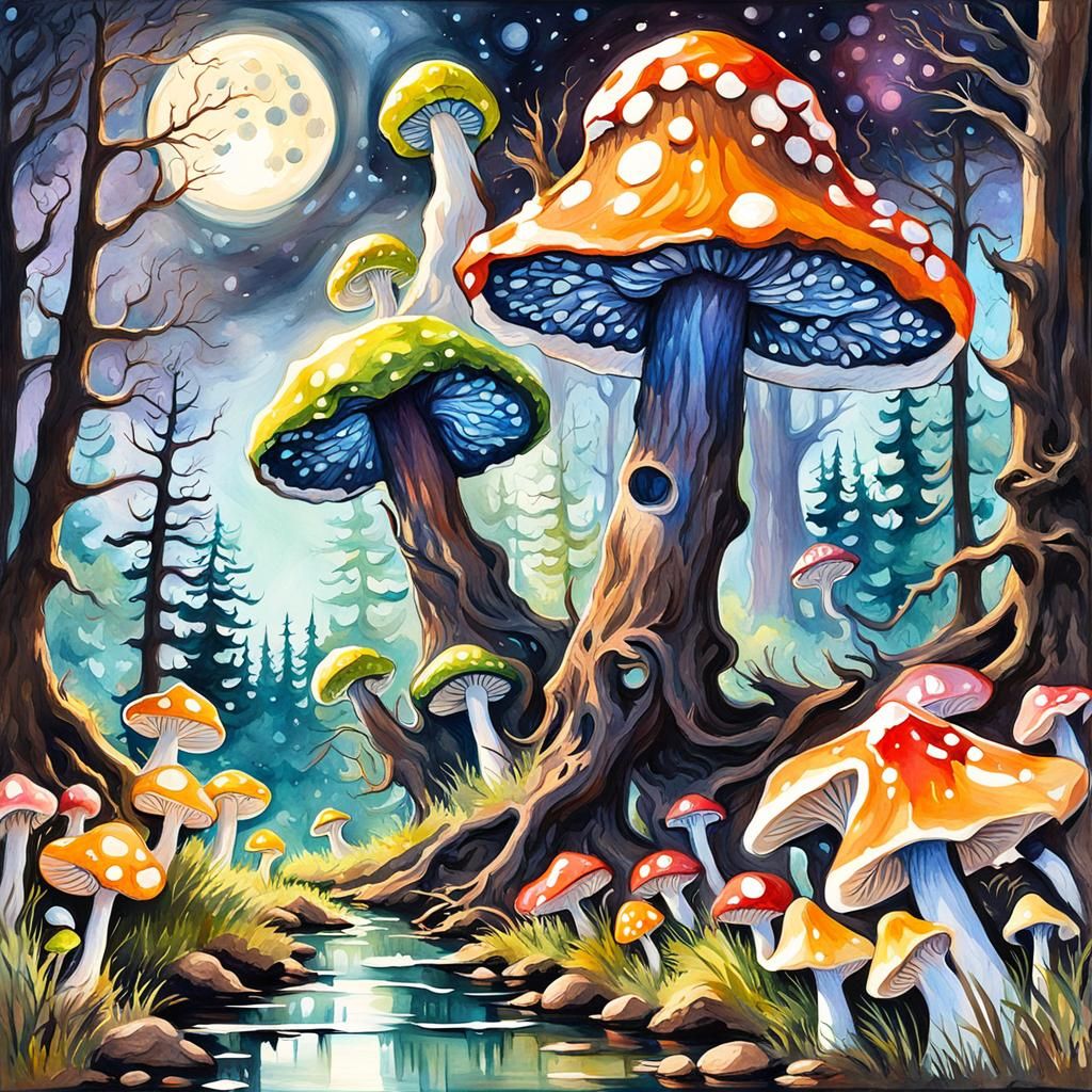 Enchanted Dark Fantasy Forest with Glowing Mushrooms