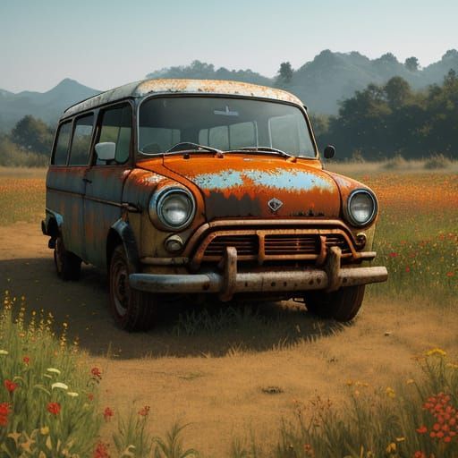 Surreal Hyperrealistic Scene of Abandoned Minivan Surrounded...