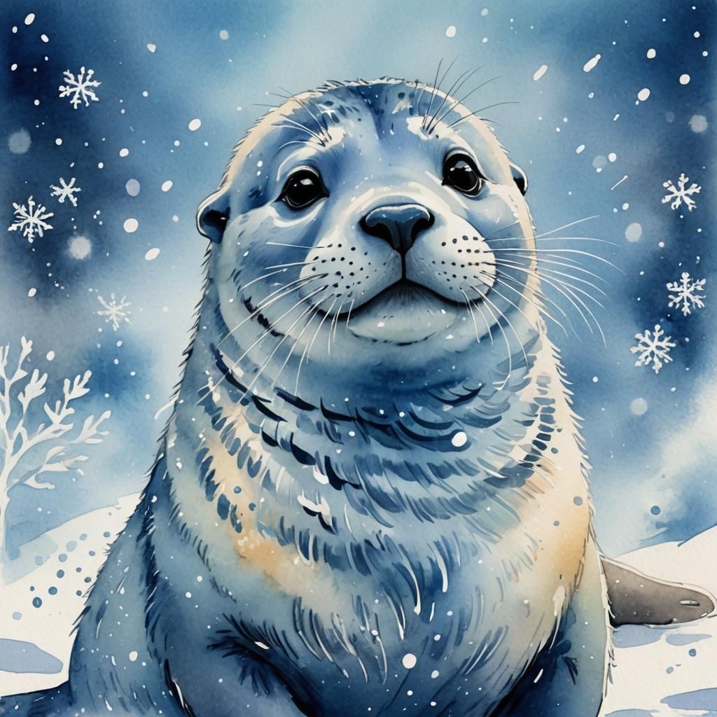Adorable Blue Seal Plays in Snowy Watercolor