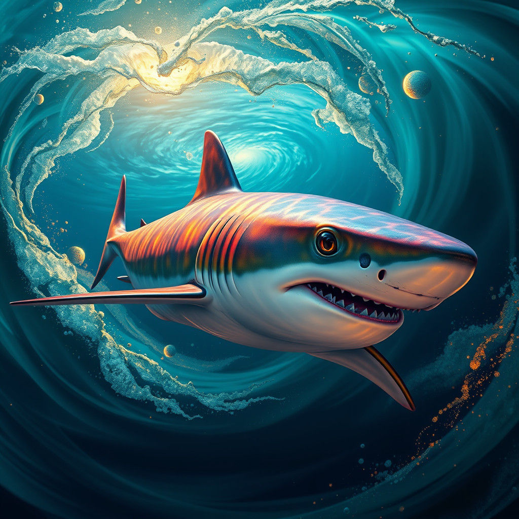 Golden Shark in Dark Blue Ocean, Detailed Matte Painting