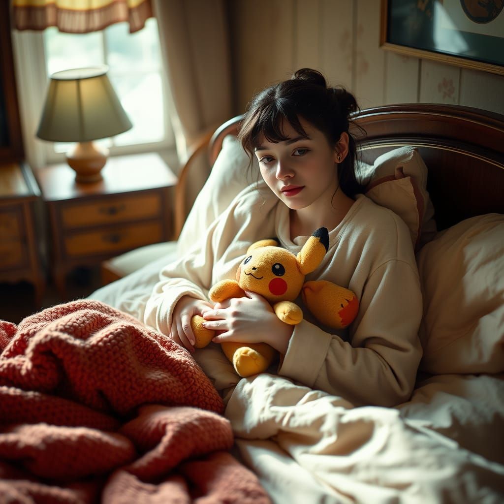 Cozy Bedroom Portrait with Stuffed Pokemon Toy
