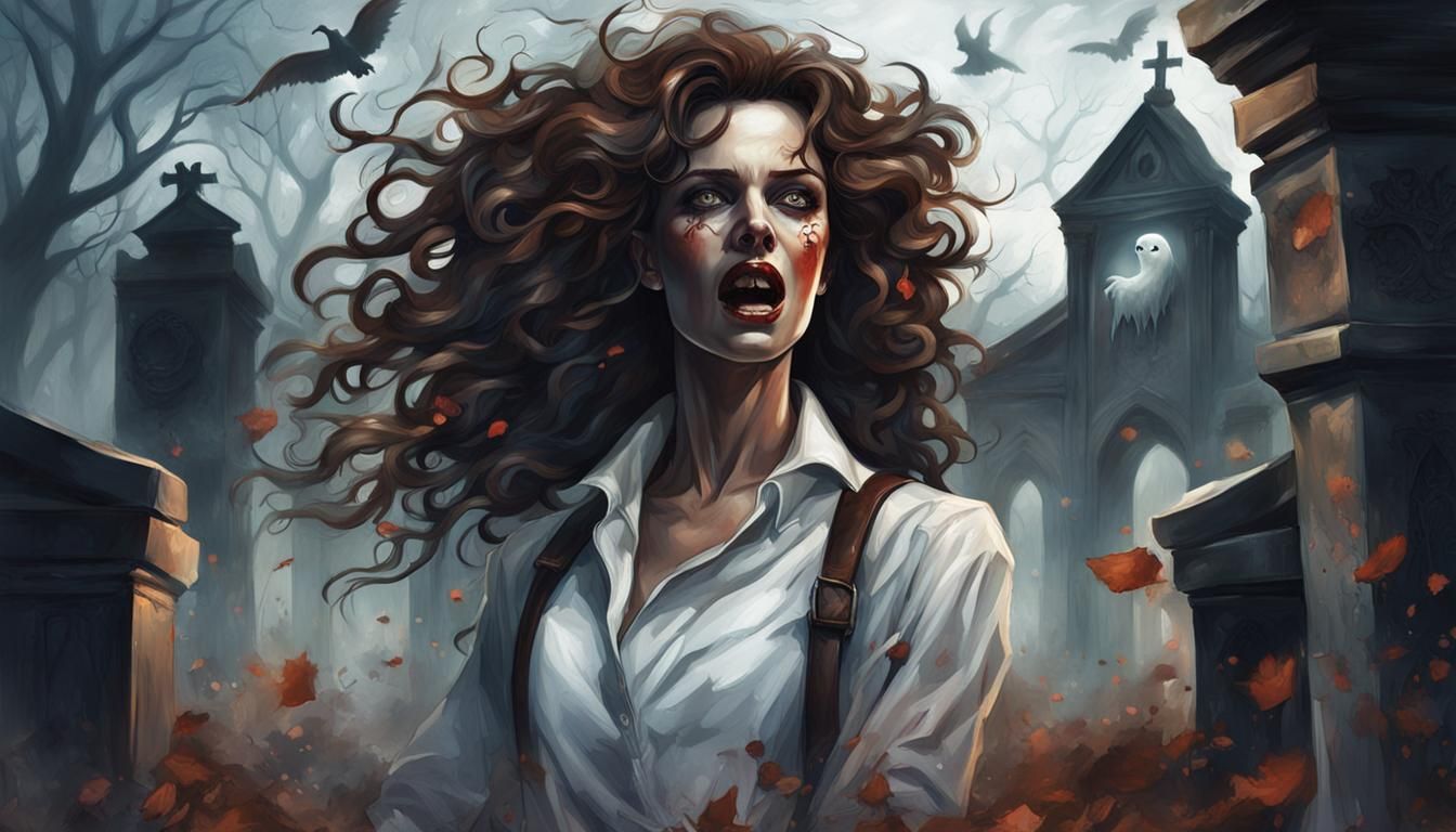 Woman Screaming in Cemetery with Ghost