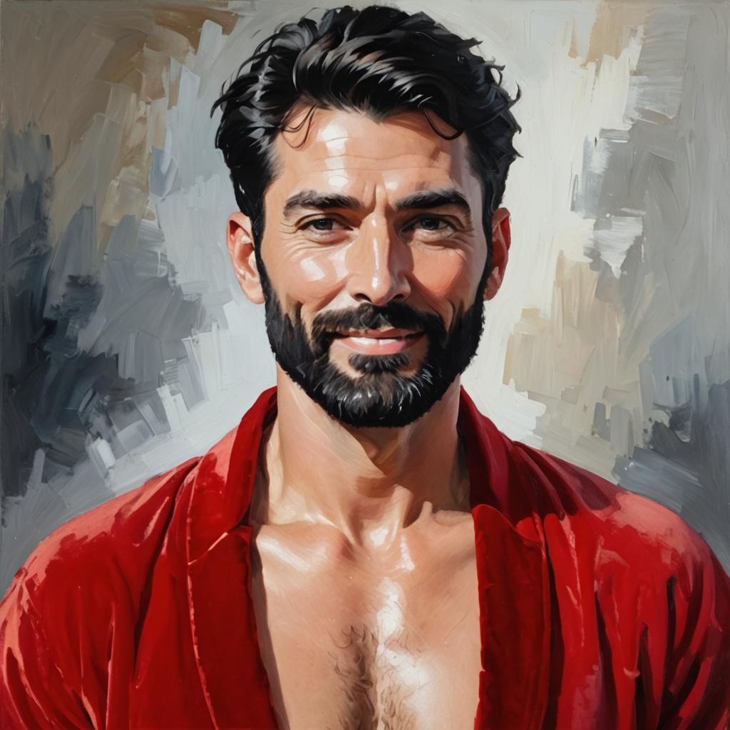 Smiling Man in Red Velvet Robe: Expressionist Oil Painting