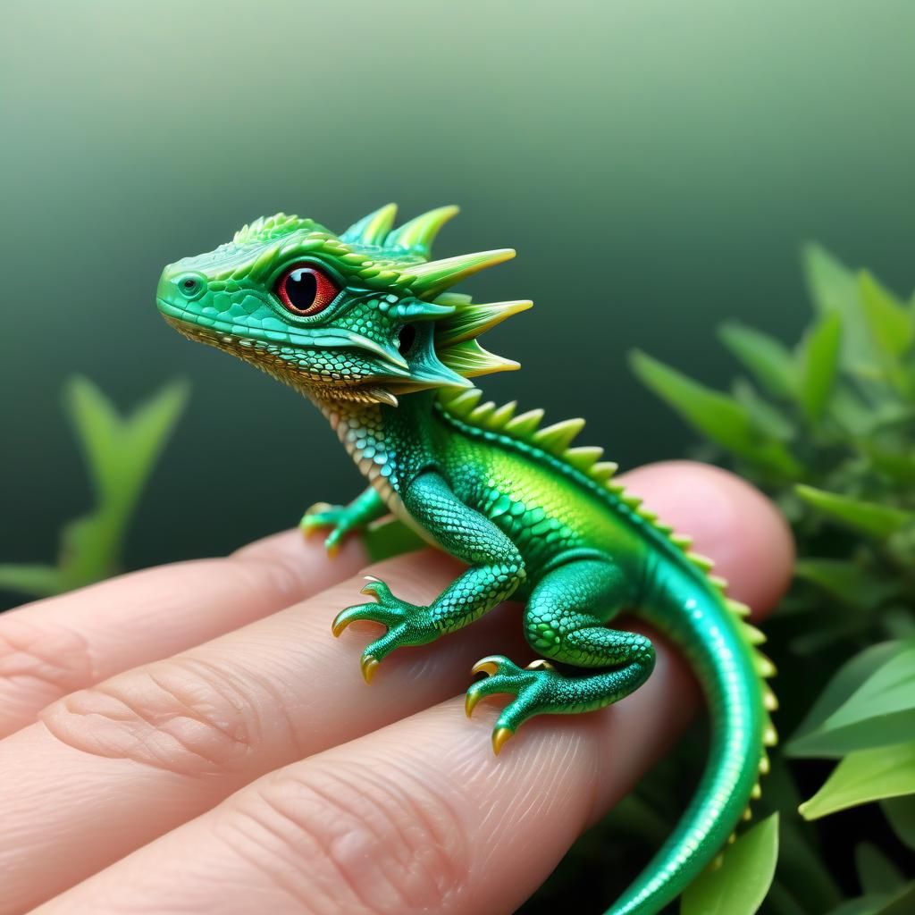 Iridescent Green Dragon Miniature Cel Shading Art