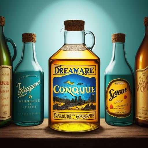 Vibrant Pop Art Bottle with Whimsical Labels in a Dreamlike ...