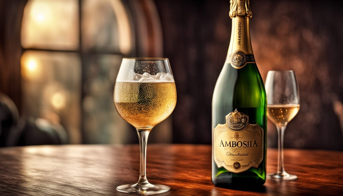 Sparkling Ambrosia: Hyperrealistic Bottle and Glass Still Li...