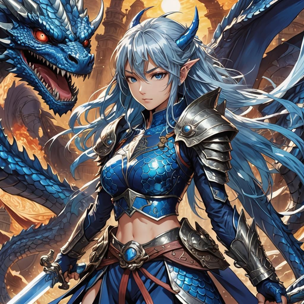 Heroic Blue Dragon Girl Swordsman in Manga Style