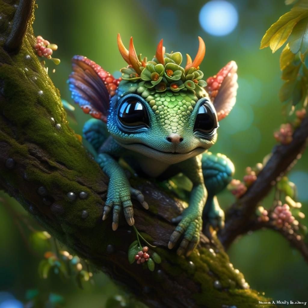 Cute Plant Creature on Branch in HDR Style