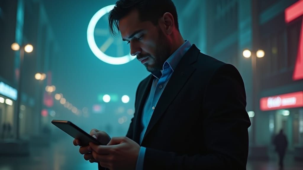 Futuristic Tablet User in Cinematic Film Still
