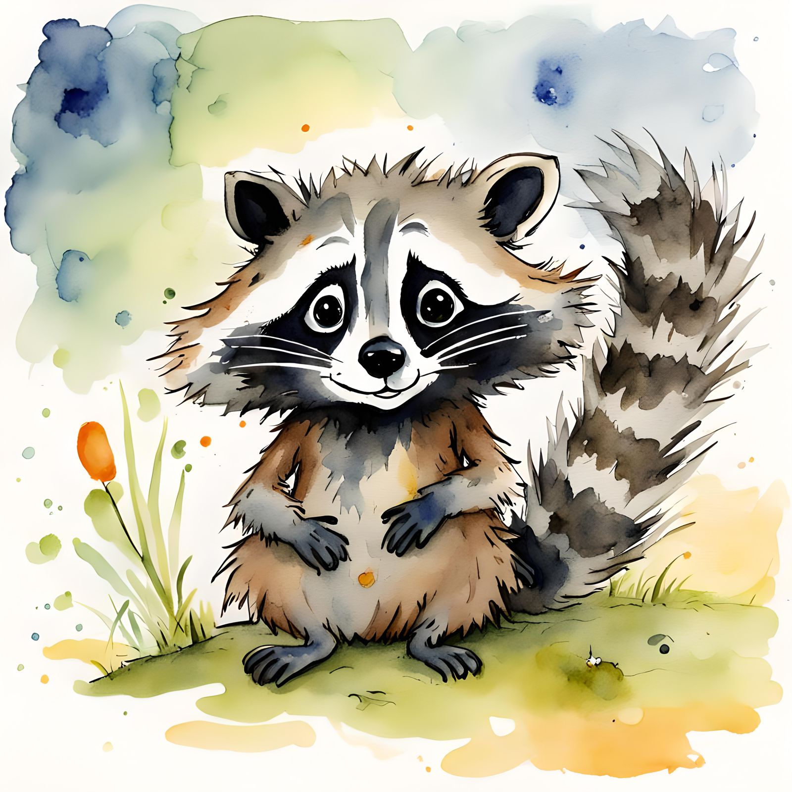 Chibi Raccoon Illustration in Watercolor Style