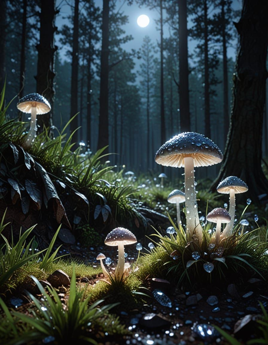 Moonlit Crystal Mushrooms in Hyper-Realistic Forest Landscap...