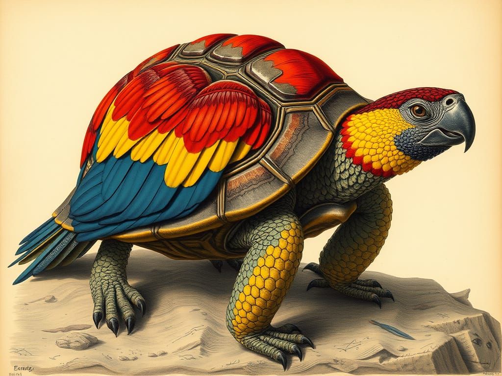 Feathered Tortoise-Macaw Hybrid: Zoological Atlas Illustrati...