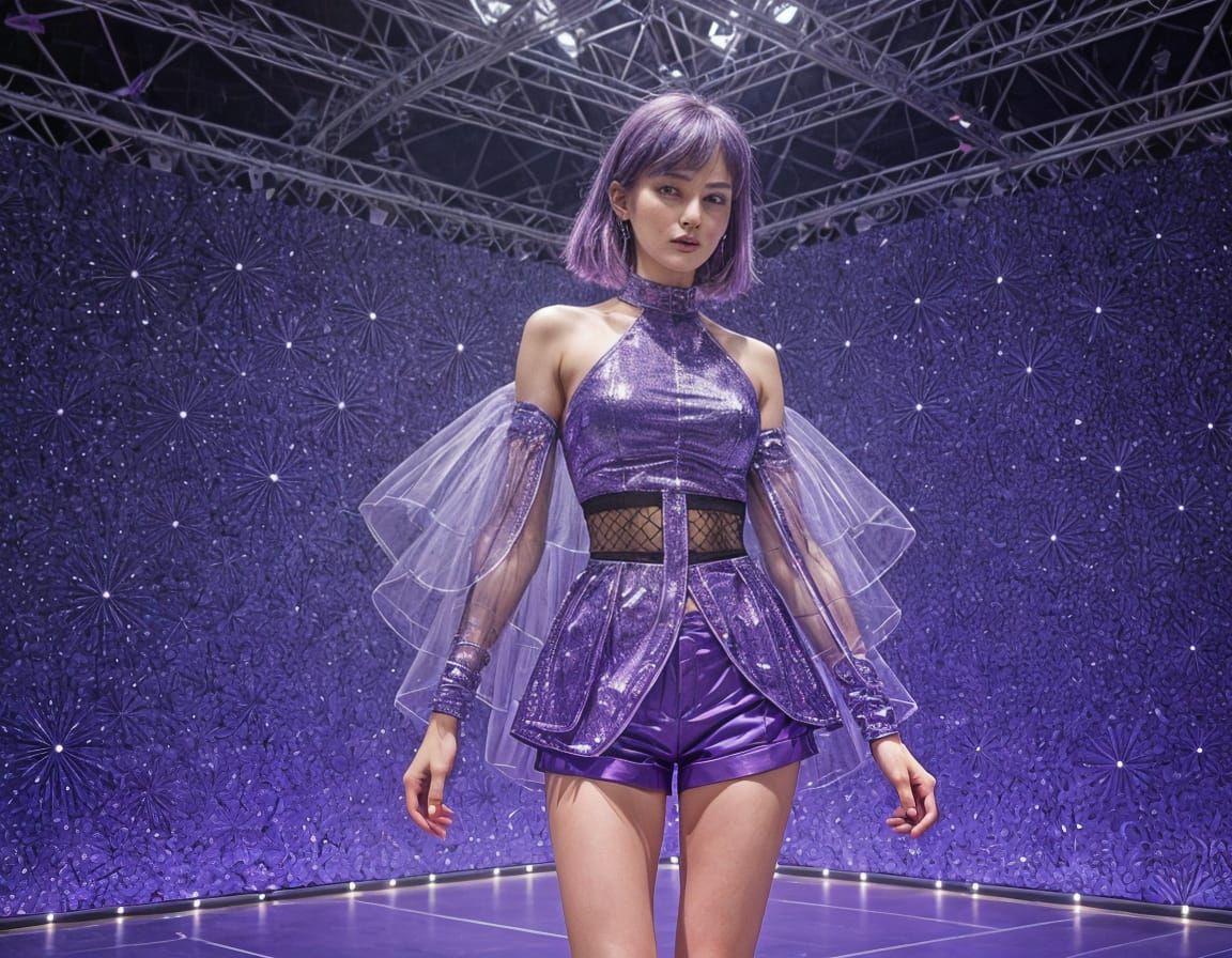 Woman in Crystalline Outfit with Biomorphic Design